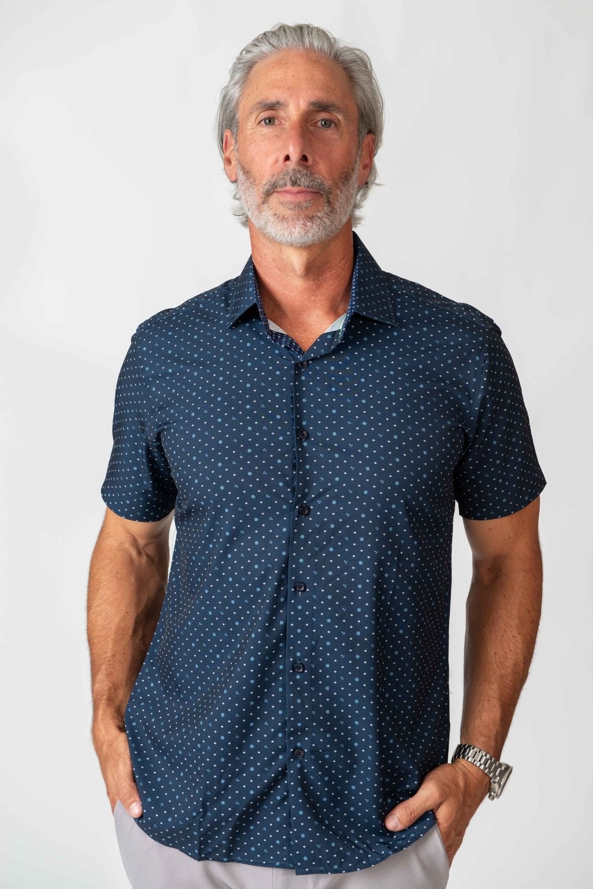 Men's Geometric Slim Fit Performance Short Sleeve Navy Blue
