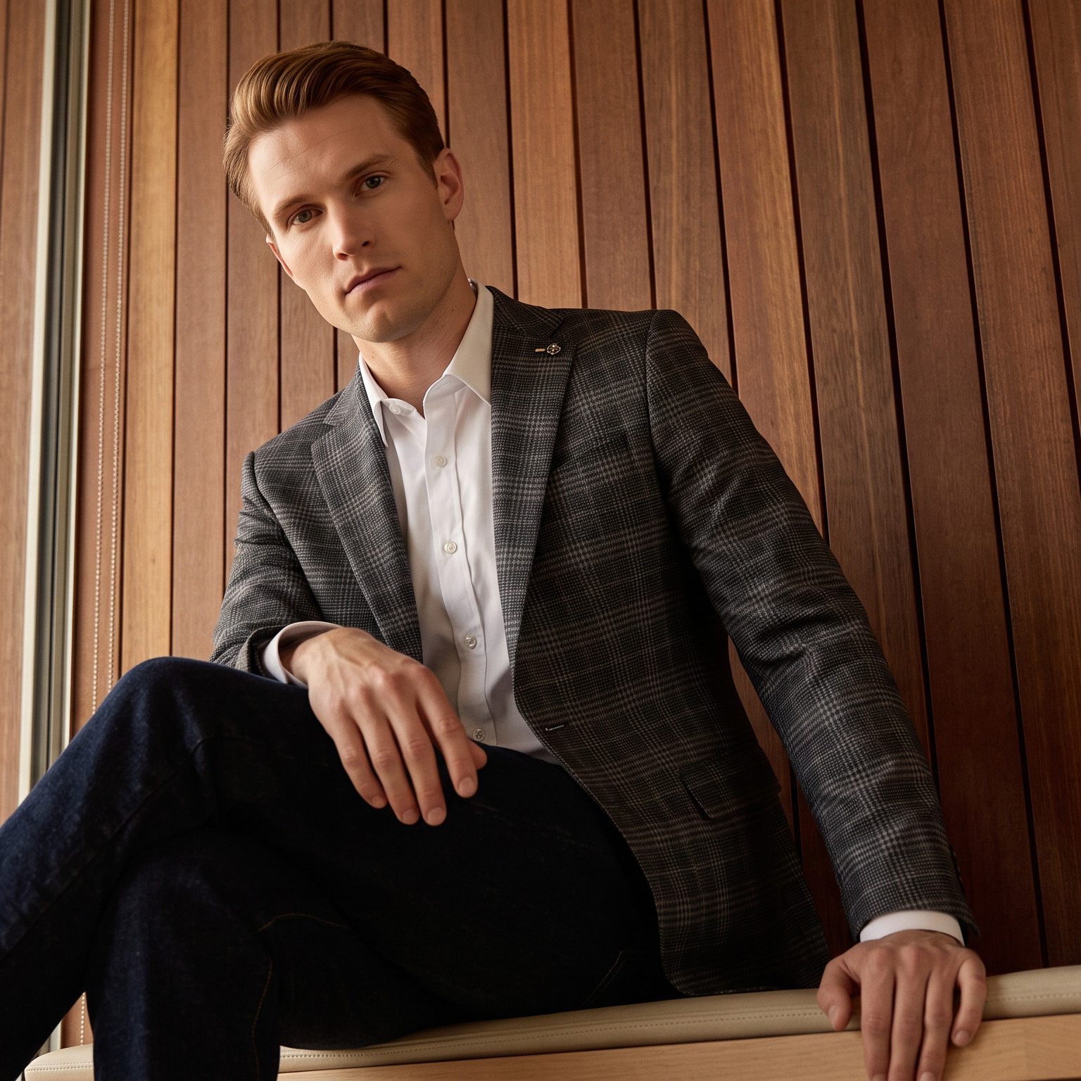 Man in a grey plaid Tom Baine blazer over a white dress shirt, seated against a warm wood paneled wall