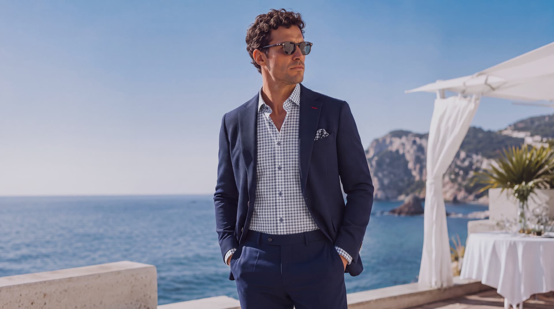 Man wearing a light blue sportcoat on a rooftop stairway