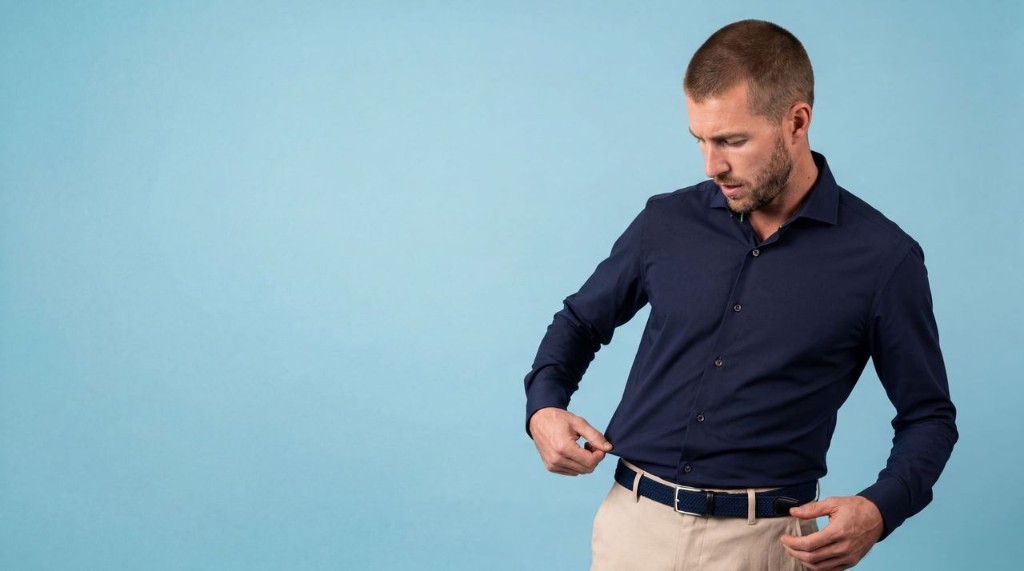 Man wearing a navy performance dress shirt against a blue backdrop