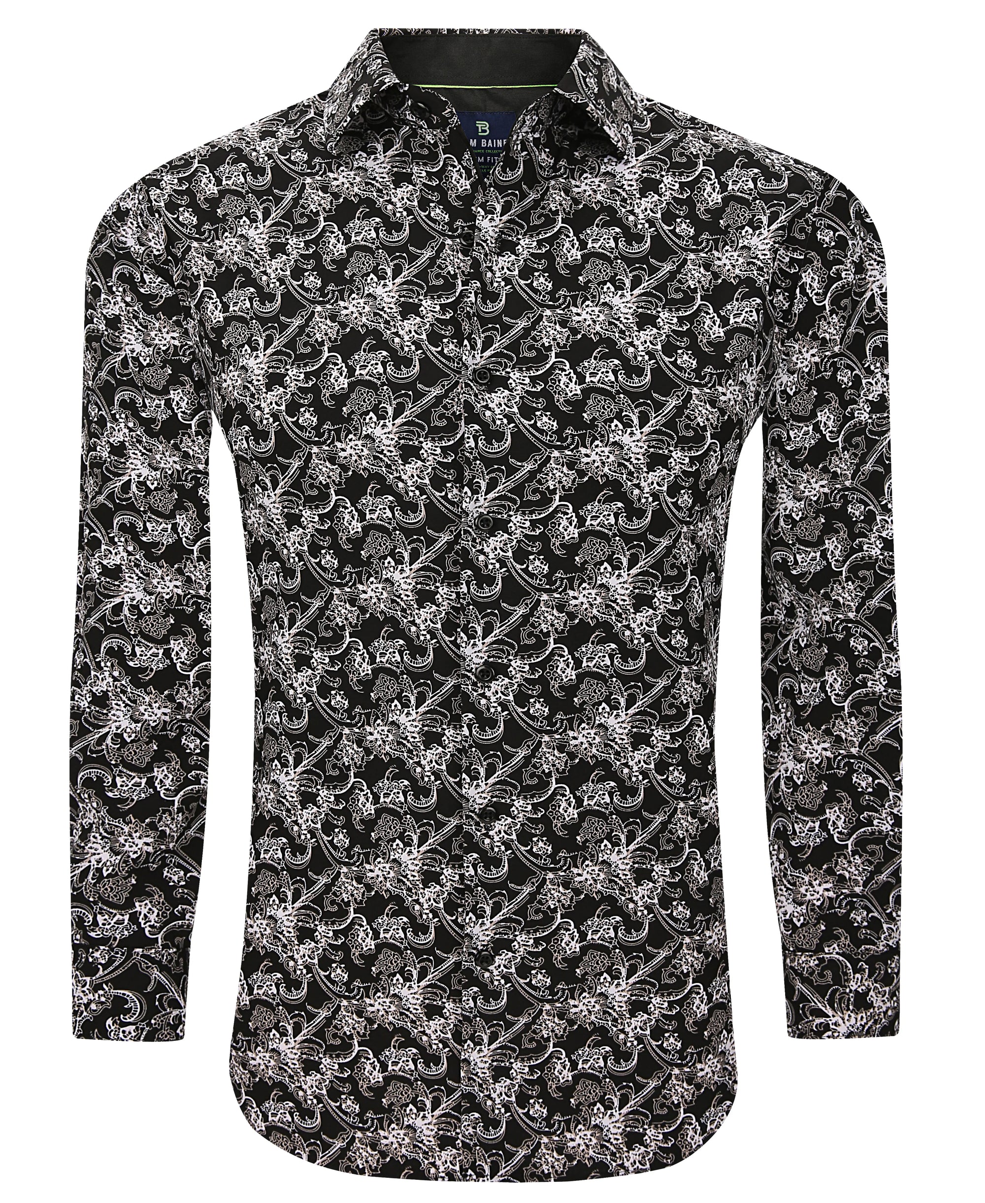 Men&#39;s Slim Fit Performance Long Sleeve Printed Shirt Black