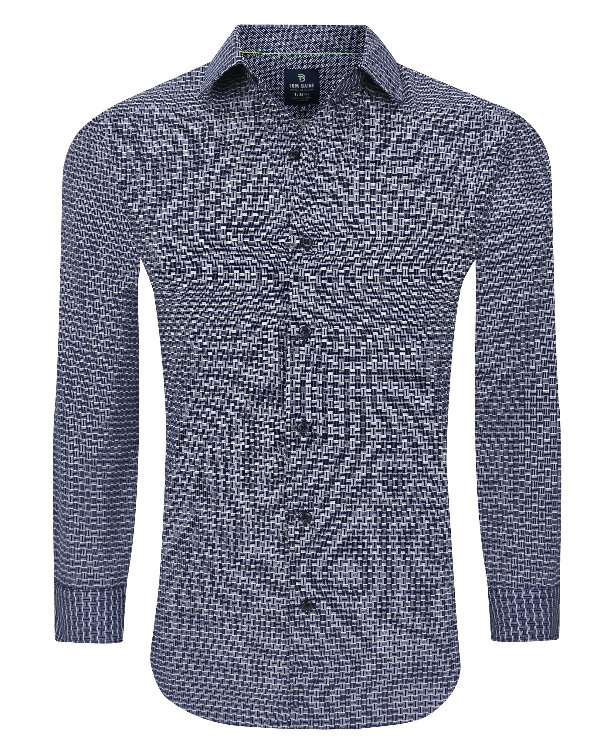 Men&#39;s Slim Fit Performance Long Sleeve Printed White Navy